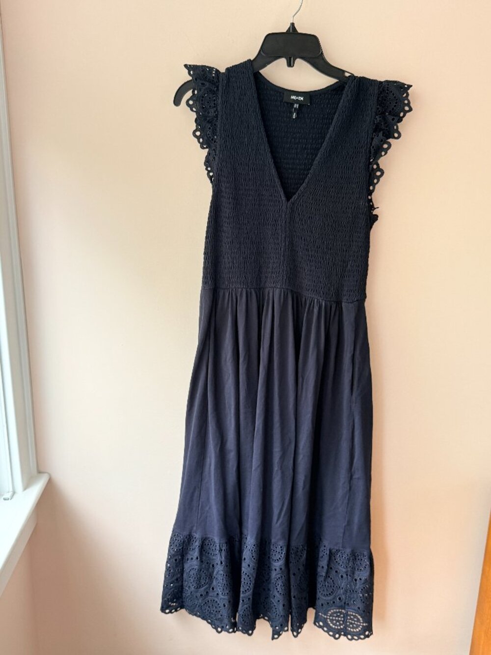 ME+EM Broderie Slub Midi Dress Navy Smocked UK 14 US 10